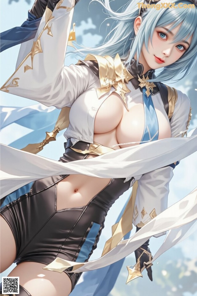 a woman with blue hair and a white shirt is posing for a picture