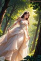 A woman in a wedding dress walking through a forest.