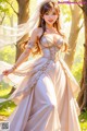 A woman in a wedding dress standing in the woods.